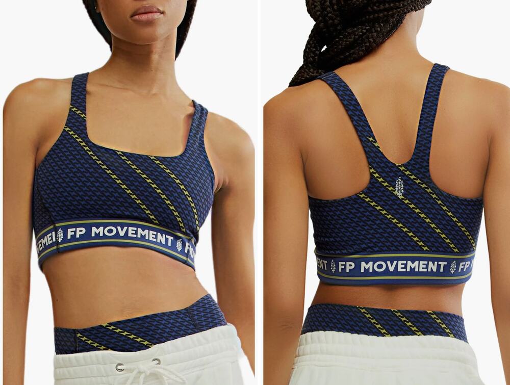 FP Movement Never Better Sports Bra Square neck Black Combo Navy logo sz L NWOT